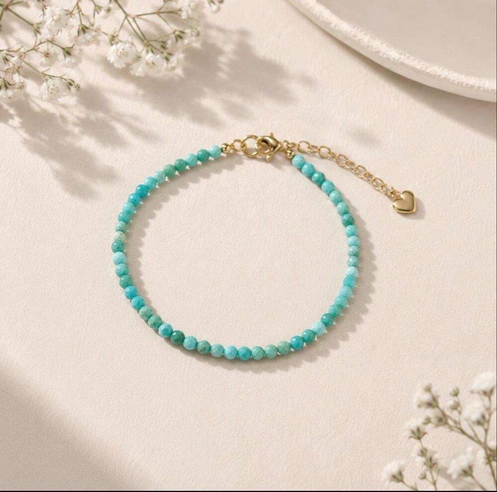 NWT Amazonite Gemstone Bead Adjustable Beaded Bracelet Blue & Gold-tone